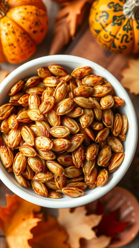 A bowl of golden-brown baked pumpkin seeds surrounded by pumpkins and autumn leaves.
